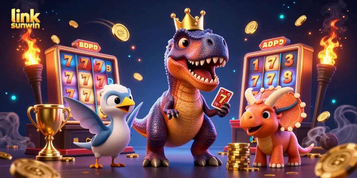 Engage in thrilling slots action with link sunwin, showcasing playful dinosaurs and dynamic game elements.
