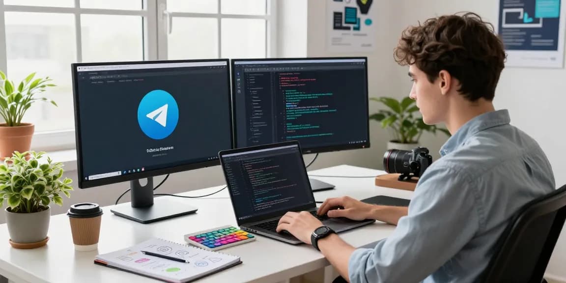Download Telegram on multiple devices in a modern workspace with coding and UI design.