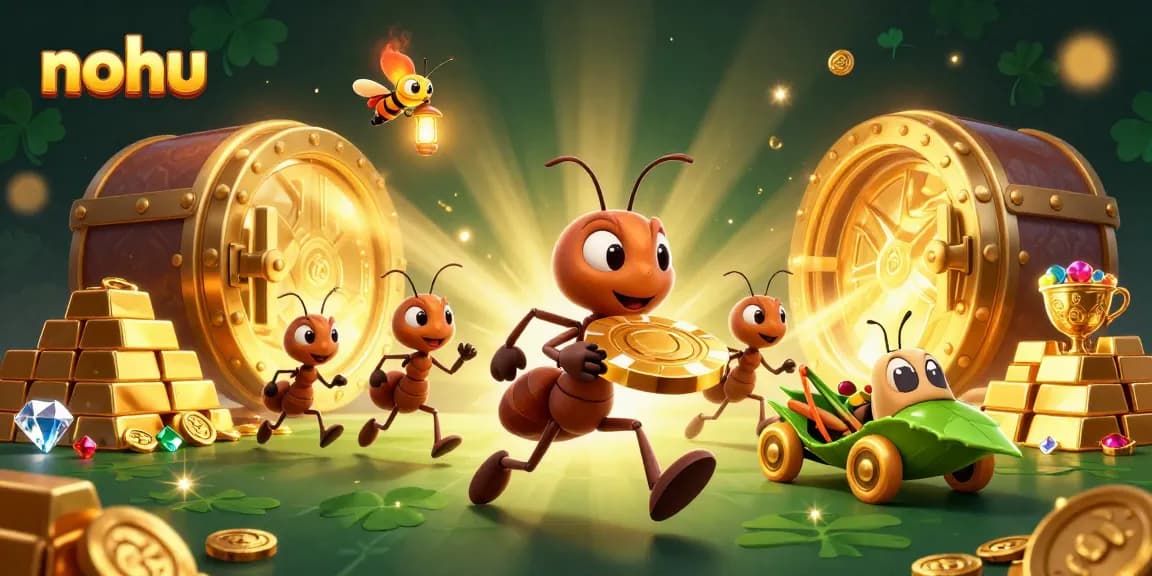 Nohu team of ants running a heist with a giant poker chip, surrounded by treasures in an exciting 3D scene.