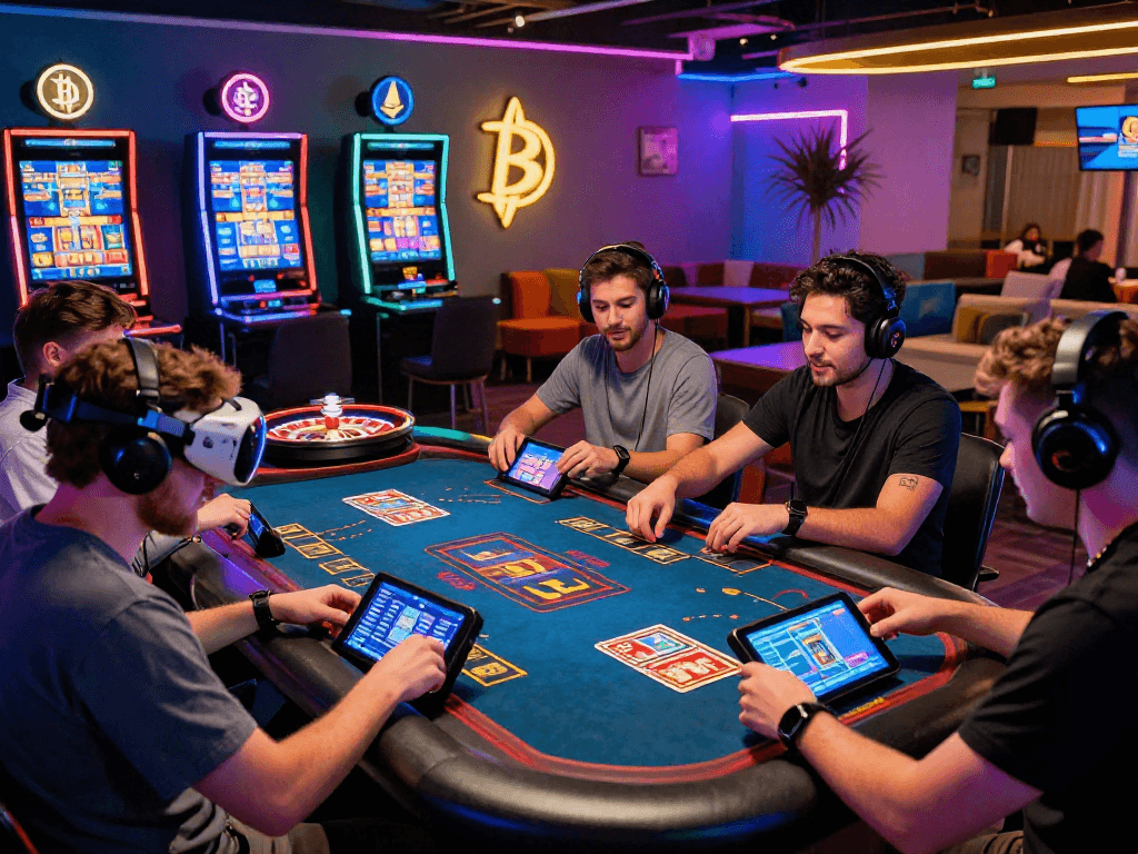 Exciting crypto casino scene with players enjoying digital games and vibrant atmosphere, highlighting online gaming enjoyment.