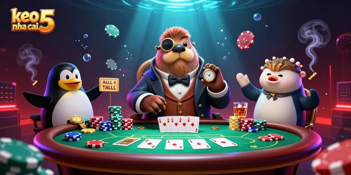 Experience keo nha cai 5 with a jolly walrus, penguin dealer, and pufferfish player in an underwater poker setting.