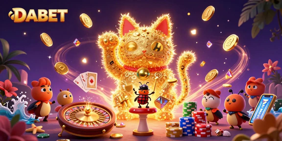 DABET showcases an enchanting scene with vibrant casino symbols and a lucky cat, energizing gamers.
