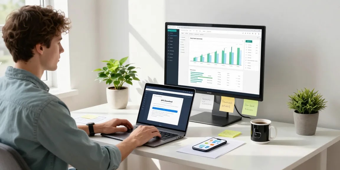 Efficient workspace showcasing WPS Download page on laptop, inspiring productivity atmosphere.