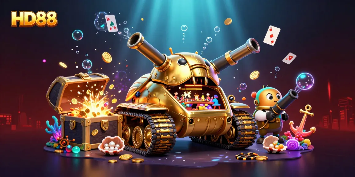 Engage in HD88's vibrant casino world with an exciting scene of a golden beetle tank bursting with gambling action.