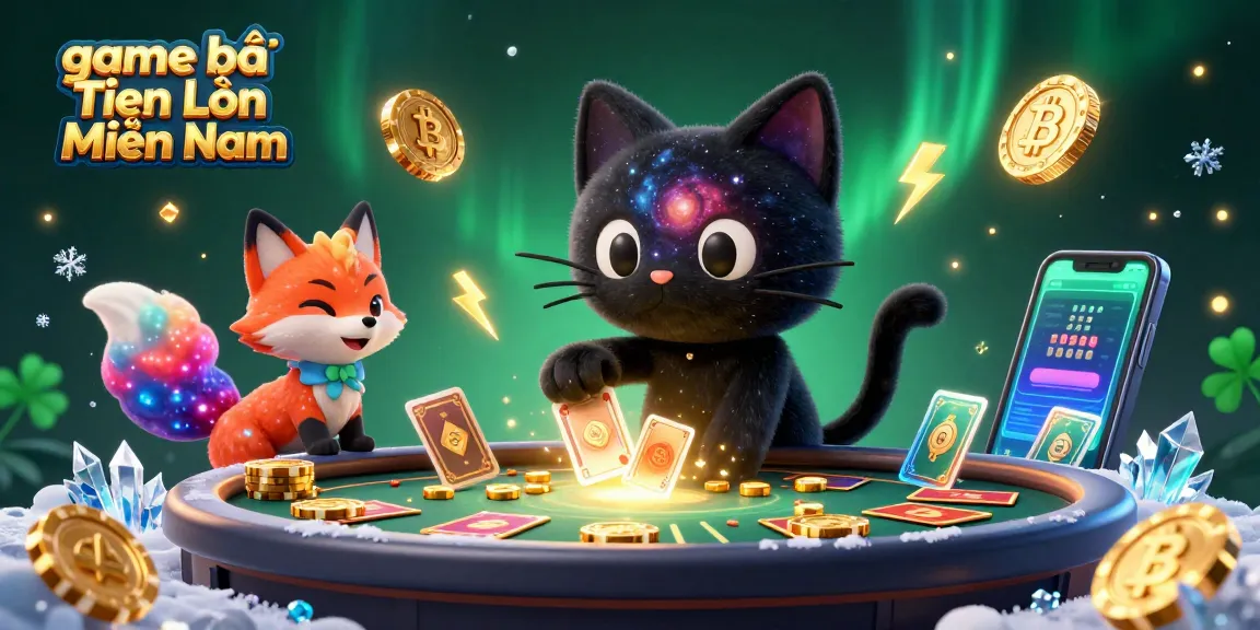 Experience game bài Tiến Lên Miền Nam with vibrant casino elements, including captivating characters and cryptocurrency symbols.