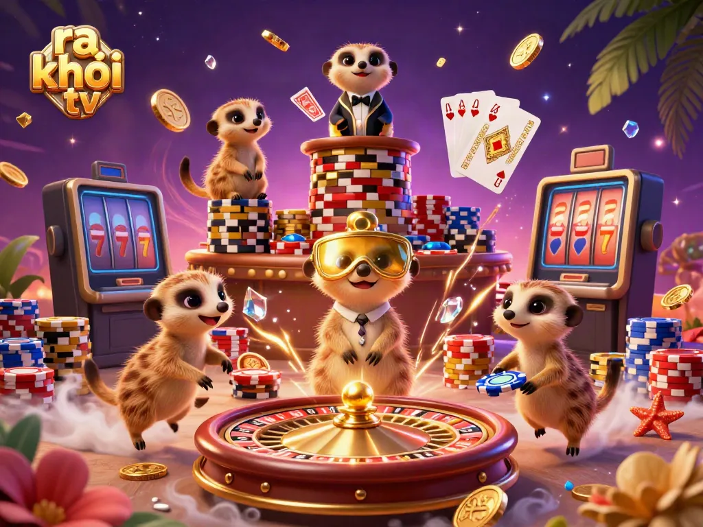 Catch the excitement of ra khơi tv with meerkats at a vibrant casino, surrounded by chips and coins.