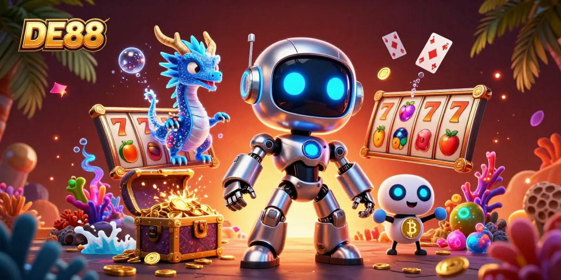 Experience thrilling slots action with DE88 in a vibrant 3D casino scene, featuring a cyberpunk mascot.