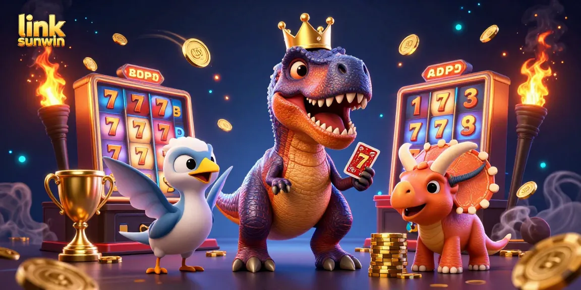 Engage in thrilling slots action with link sunwin, showcasing playful dinosaurs and dynamic game elements.