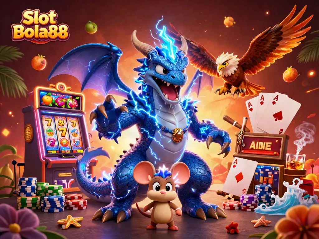 Spin the reels of Slot Bola88 with vibrant characters and casino symbols in a lively 3D scene.