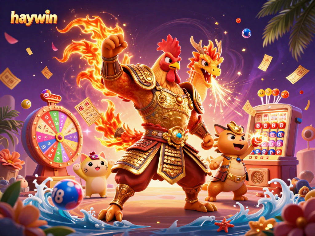 haywin logo featuring a dynamic 3D rooster warrior and dragon amidst colorful lottery elements