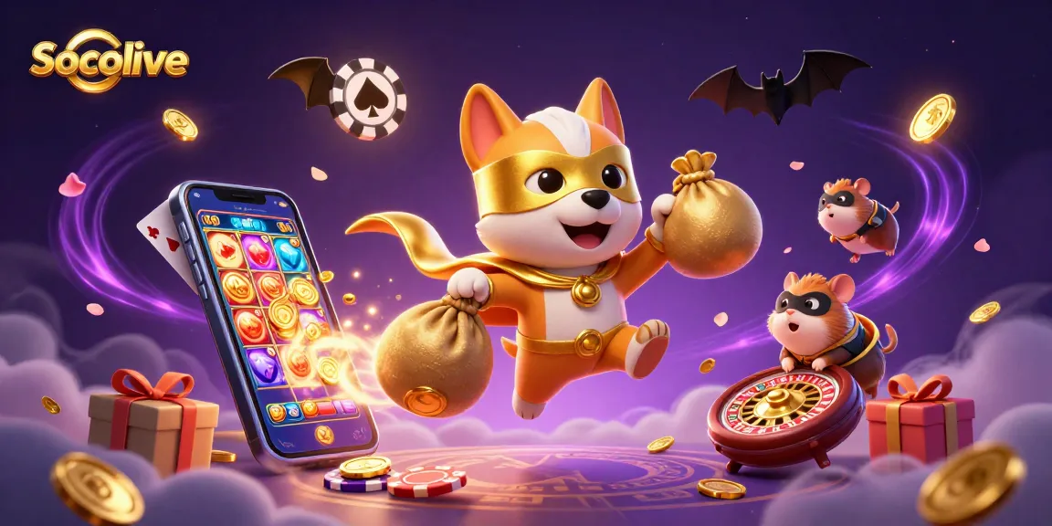 Socolive offers thrilling action as a superhero dog delivers gold coins, showcasing vibrant gambling elements