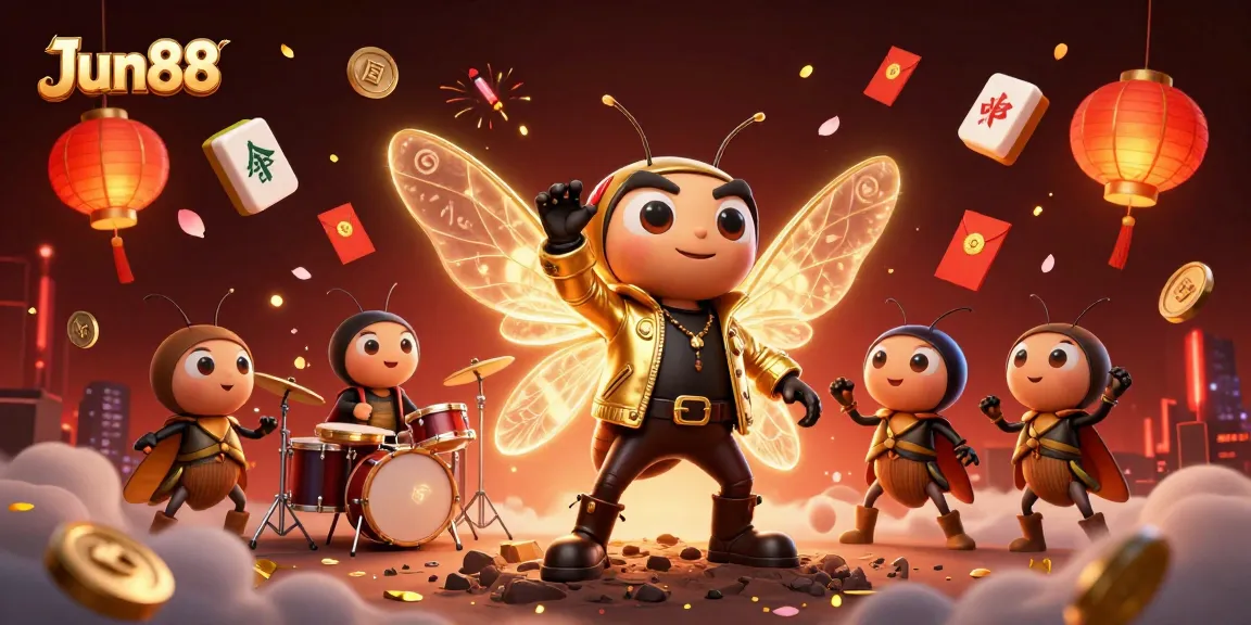 Experience the vibrant world of Jun88 with an animated casino scene featuring a cicada rock star.