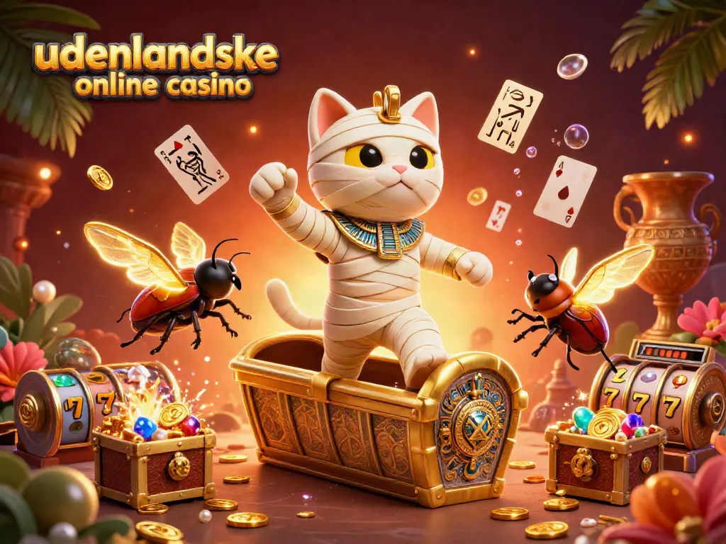 Experience the excitement of udenlandske online casino with a dynamic 3D illustration featuring a mummy cat and gaming elements.