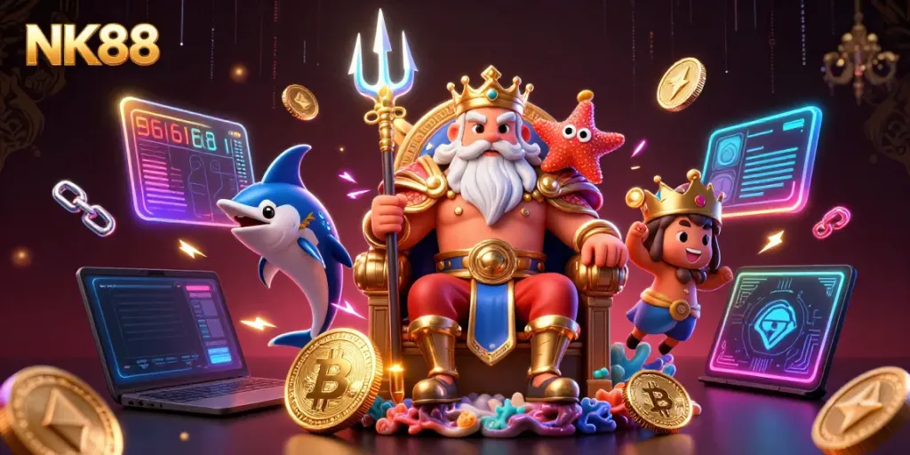 Experience NK88 with a vibrant illustration of Neptune and casino elements showcasing thrilling gambling action.