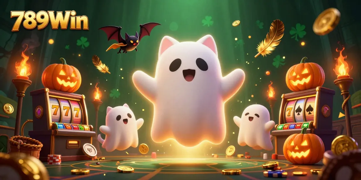 Experience the thrilling entertainment of 789Win with a ghostly cat, glowing pumpkins, and vibrant slot games in action.