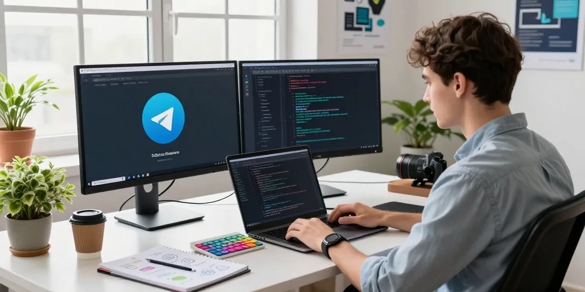 Download Telegram on multiple devices in a modern workspace with coding and UI design.