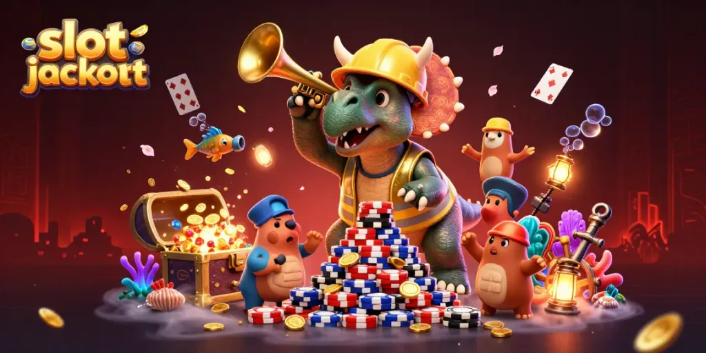 Experience the thrill of slot jackpot excitement with dynamic characters and vivid casino elements in a vibrant scene.