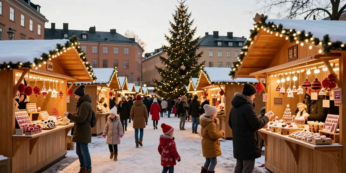 Julmarknad Stockholm med familj som njuter av glögg och pepparkakor, vackra marknadsstånd och julbelysning.