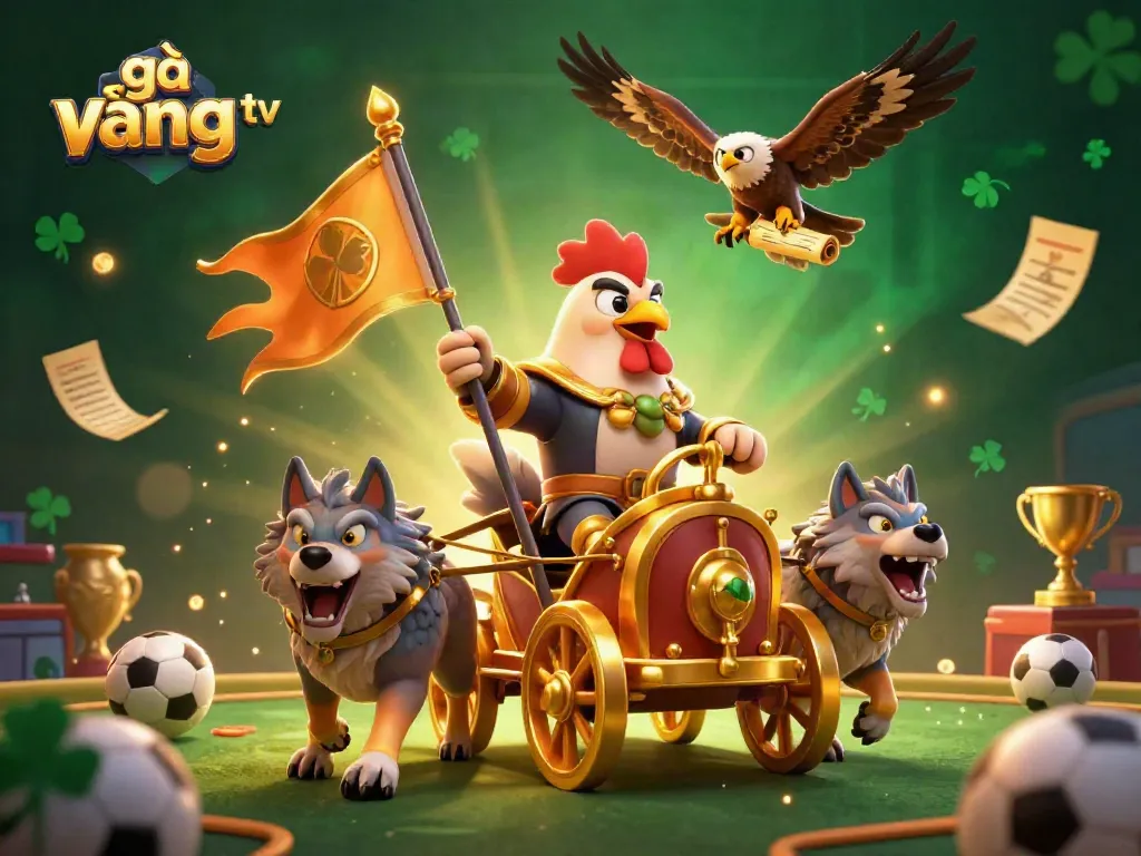 Experience the thrill of gà vàng tv with a dynamic illustration featuring a rooster warlord, sports elements, and vibrant casino visuals.