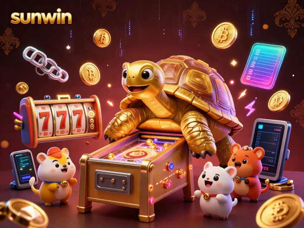 Experience thrilling sunwin gaming with a colossal tortoise pinball machine and vibrant slot elements.