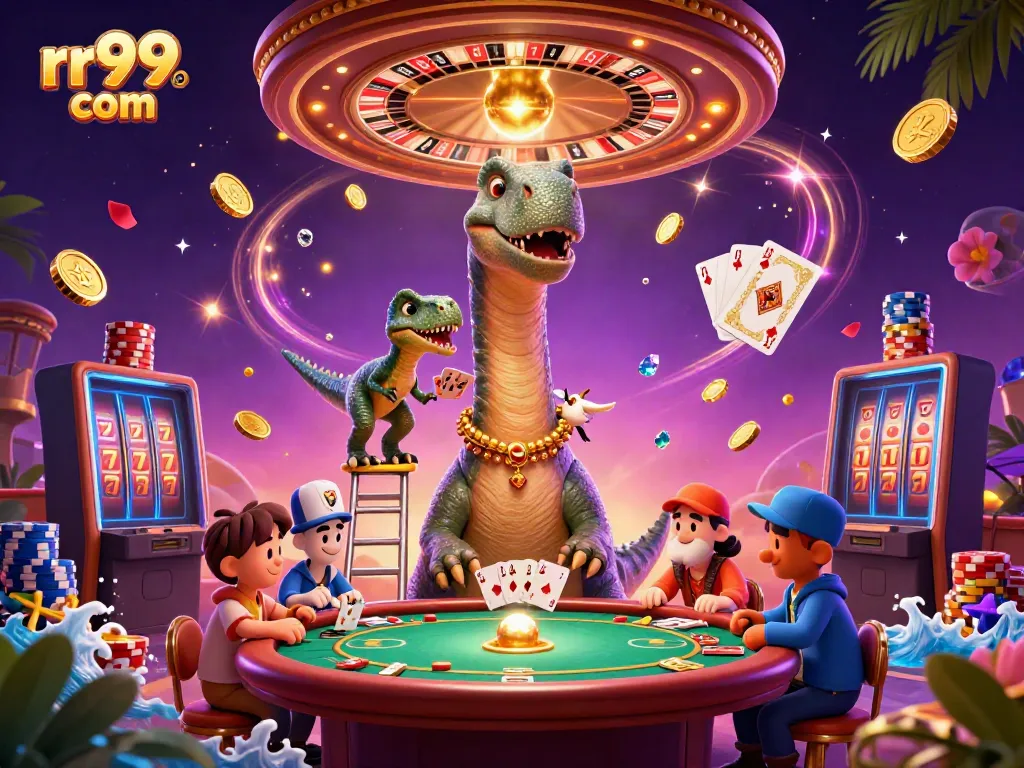 Engage in thrilling gaming at rr99 com with a vibrant casino scene featuring a dinosaur dealer.