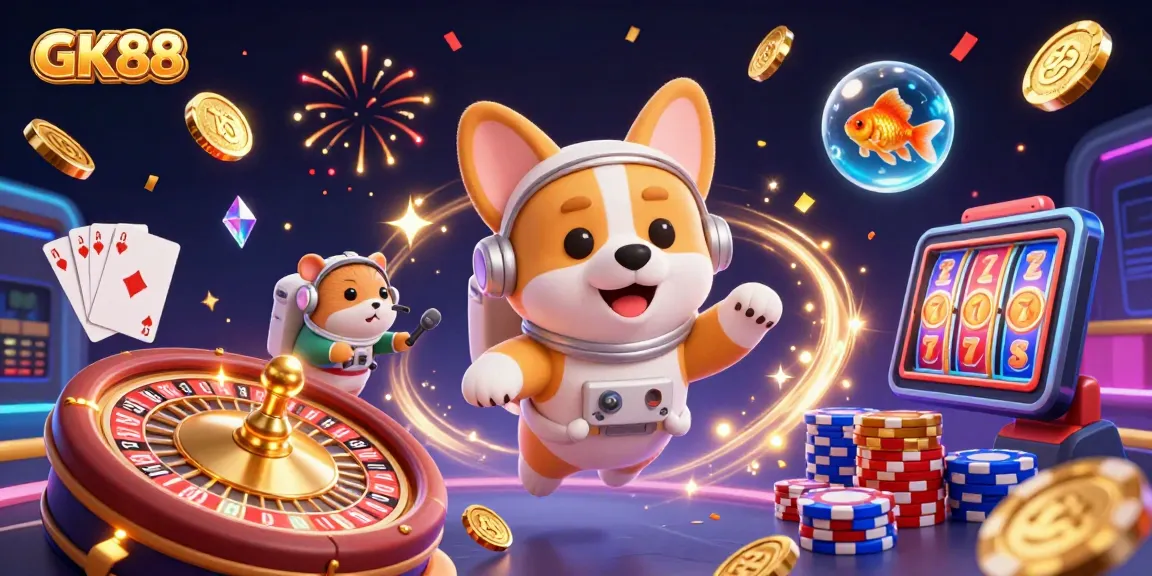 Experience GK88's thrilling gaming world with a dynamic casino scene featuring delightful characters.