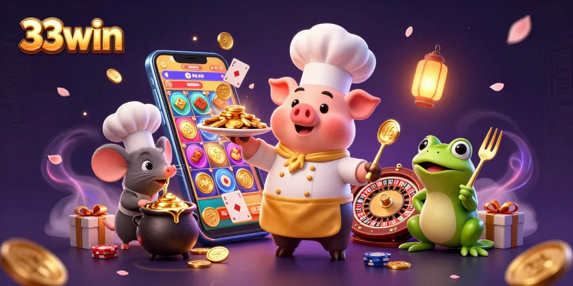 Experience excitement at 33win with a chef pig serving gold coins, enhancing casino allure.