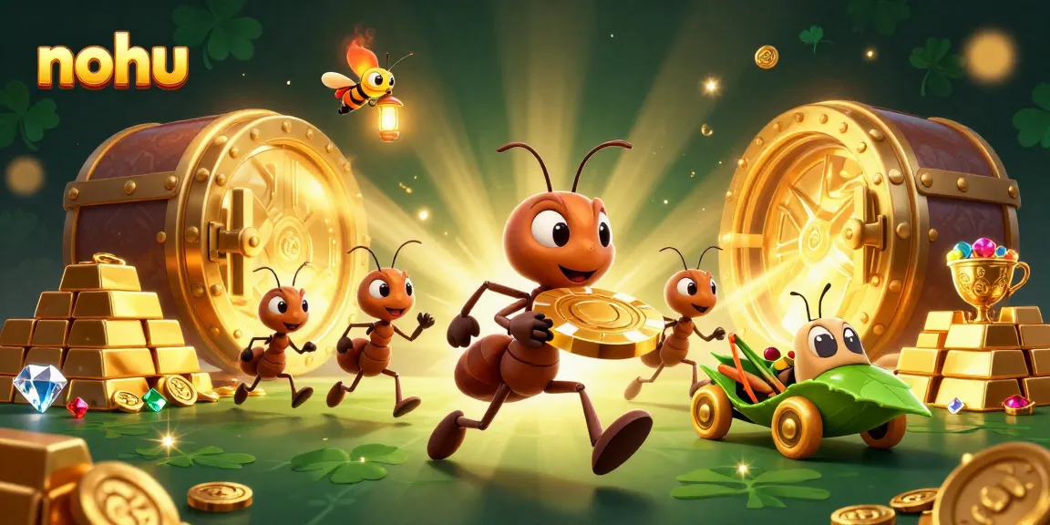 Nohu team of ants running a heist with a giant poker chip, surrounded by treasures in an exciting 3D scene.