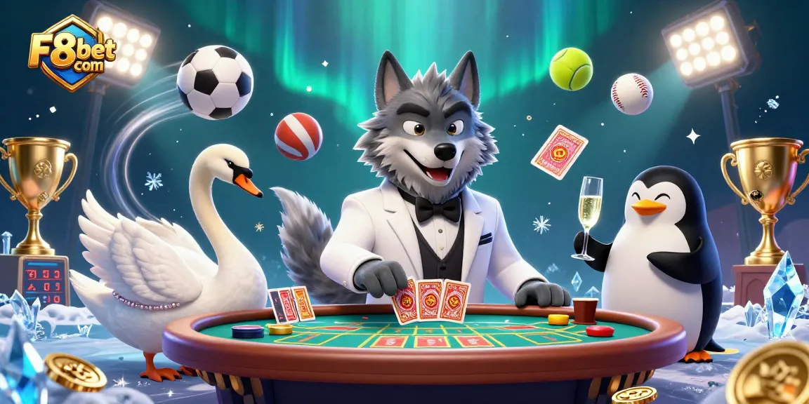 Engage with F8bet com at the dynamic baccarat table featuring lively characters and sports elements.
