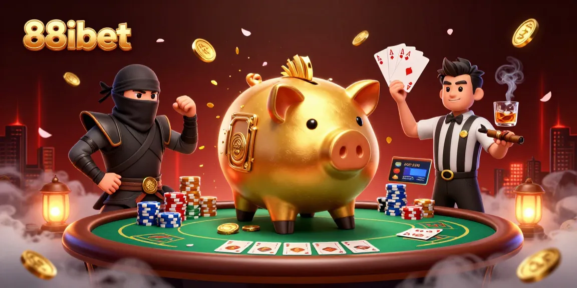 Experience thrilling action at 88ibet with a sumo wrestler, ninja, and referee in a vibrant casino scene.
