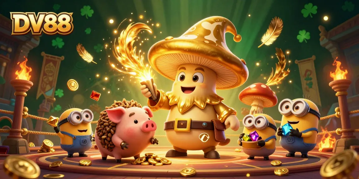 Engage with the enchanting world of DV88, where a golden mushroom wizard channels magic amidst vibrant casino elements.