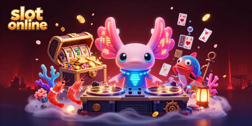 Spin to win with vibrant slot online action featuring a neon axolotl DJ and glowing underwater treasures.