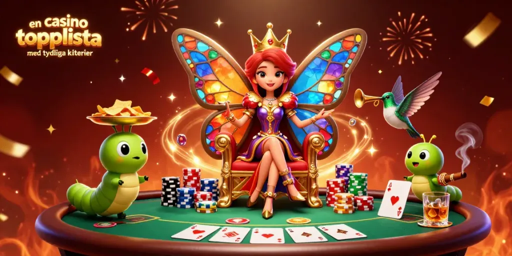 Illustration av en casino topplista med tydliga kriterier, där en fjärilsdrottning omges av pokerrelaterade element och festligheter.