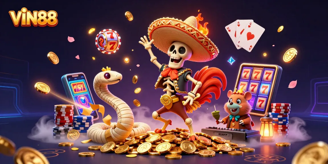 Win big with VIN88's exciting casino scene featuring a dancing mariachi skeleton!