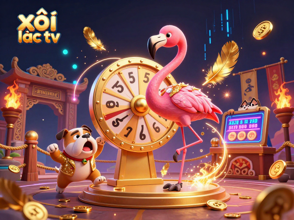 Spin the giant prize wheel with the xôi lạc tv host amidst a dynamic casino atmosphere filled with excitement.
