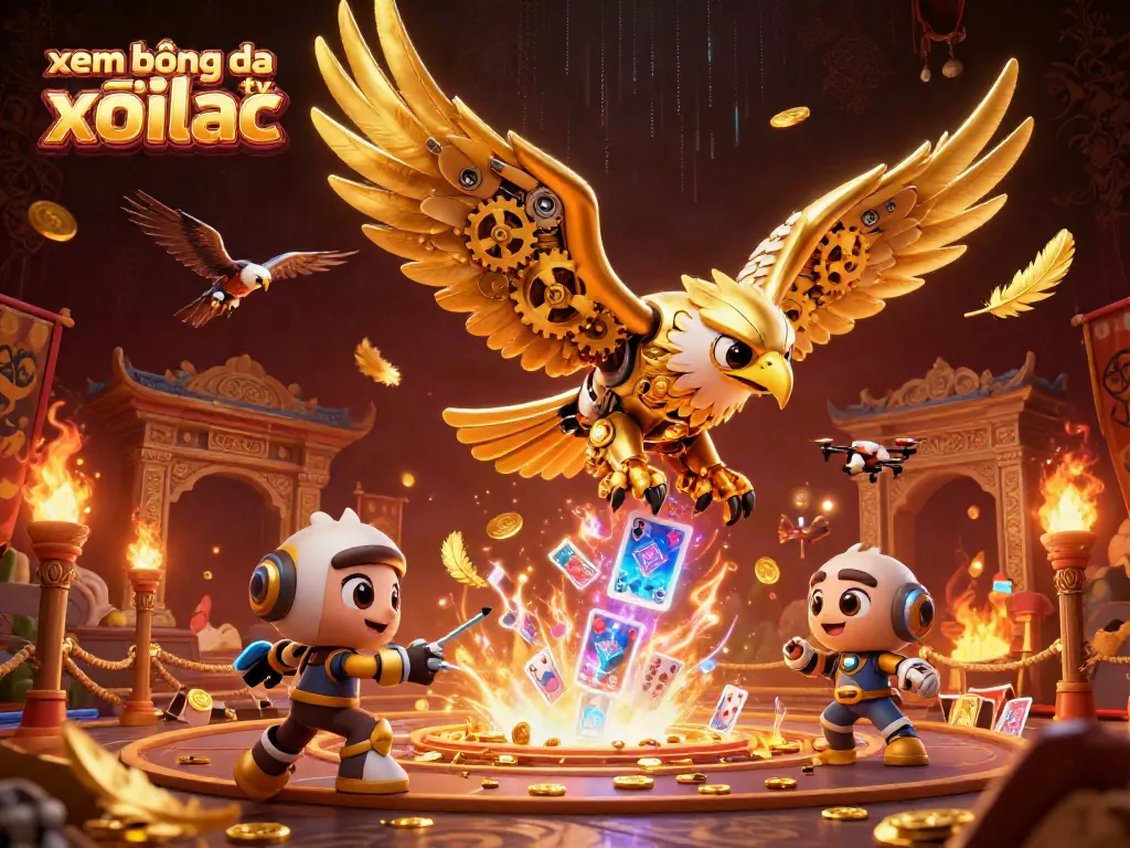 Xem bóng đá xoilac tv showcases a vibrant animated scene with a golden eagle, holographic cards, and dynamic casino elements.