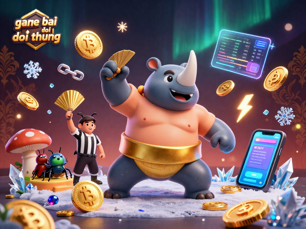 Engaging game bai doi thuong scene with a sumo champion beetle amidst flying coins and crypto elements.