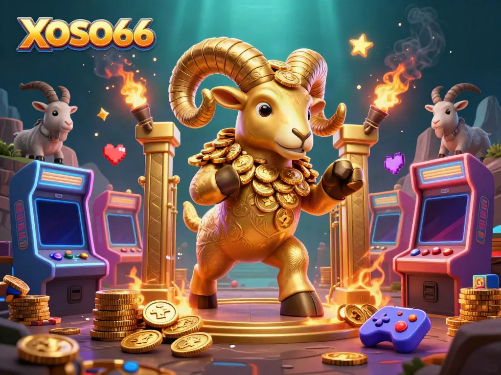 Experience the excitement at XOSO66 with a golden ram charging through dynamic casino-themed elements.