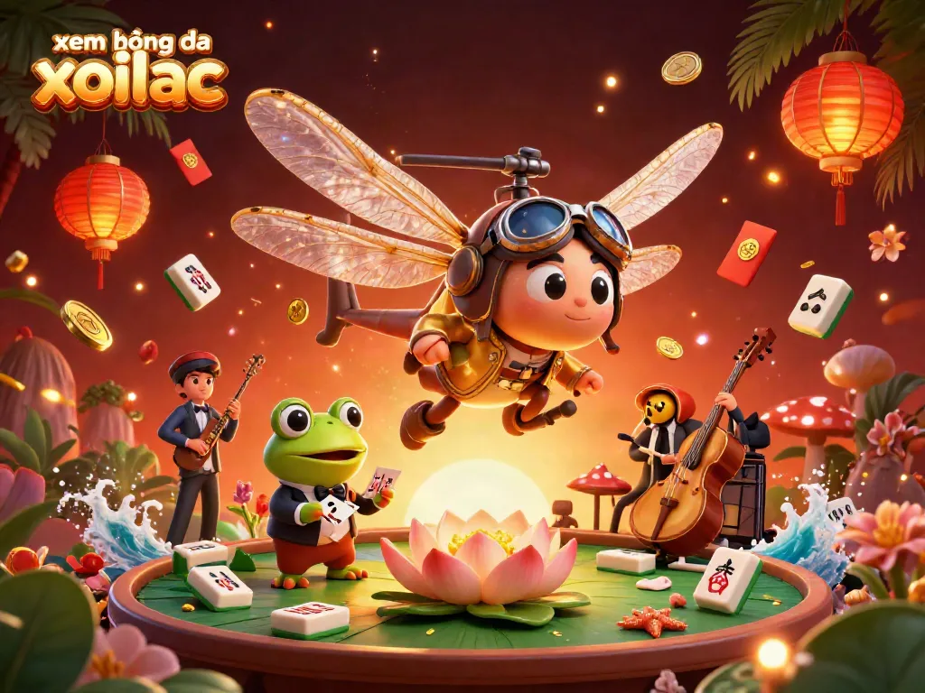 Xem bóng đá xoilac tv visual with a 3D dragonfly pilot, frog croupier, and jazz musicians in a casino setting.