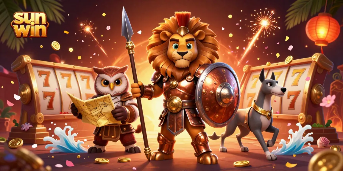 Experience the thrill of winning at sun win with this vibrant 3D illustration of a Spartan lion and gaming elements.