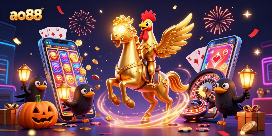 Experience the excitement of ao88 with a golden rooster and festive elements in a vibrant casino scene.