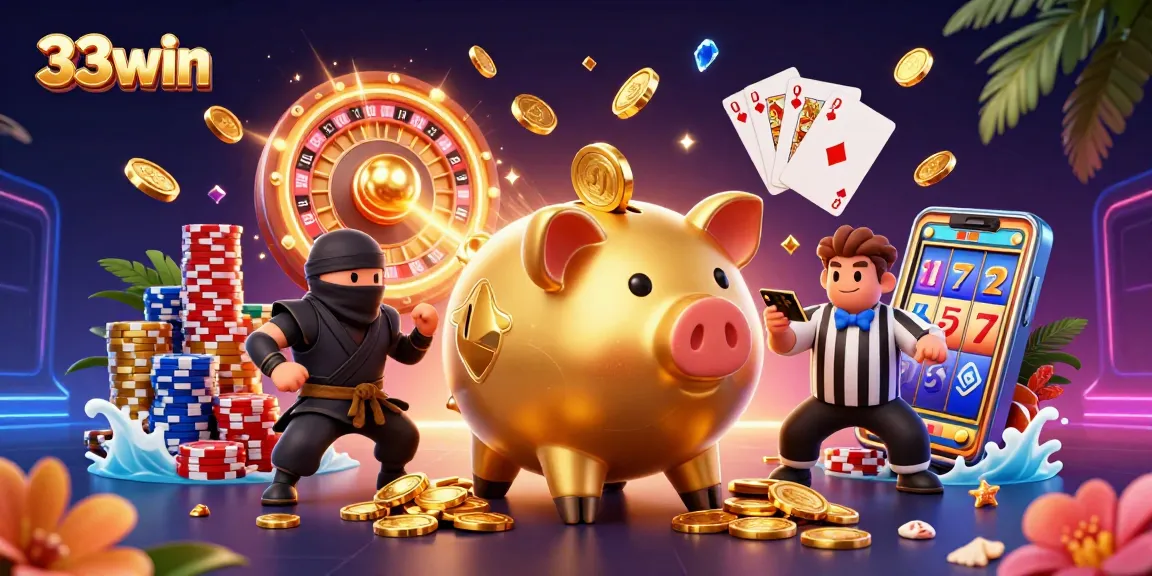 Win big at 33win with a dynamic 3D casino scene featuring playful game characters.