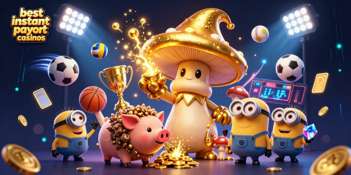 Experience the thrill of best instant payout casinos with a magical scene featuring a golden mushroom wizard, sports balls, and treasures.