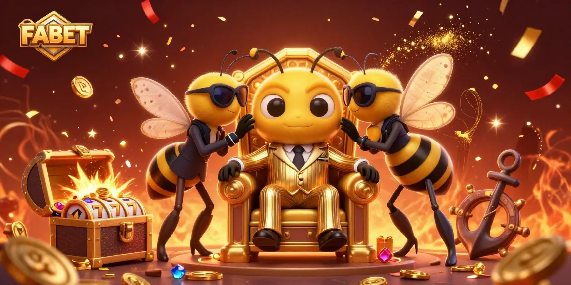 Experience FABET's bright, vibrant casino world with characters amidst floating slot reels and festive energy.
