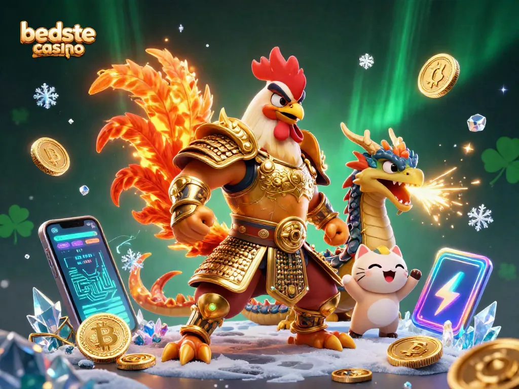 Experience the action at bedste casino uden ROFUS with a dynamic scene featuring a powerful fighting rooster and dragon.