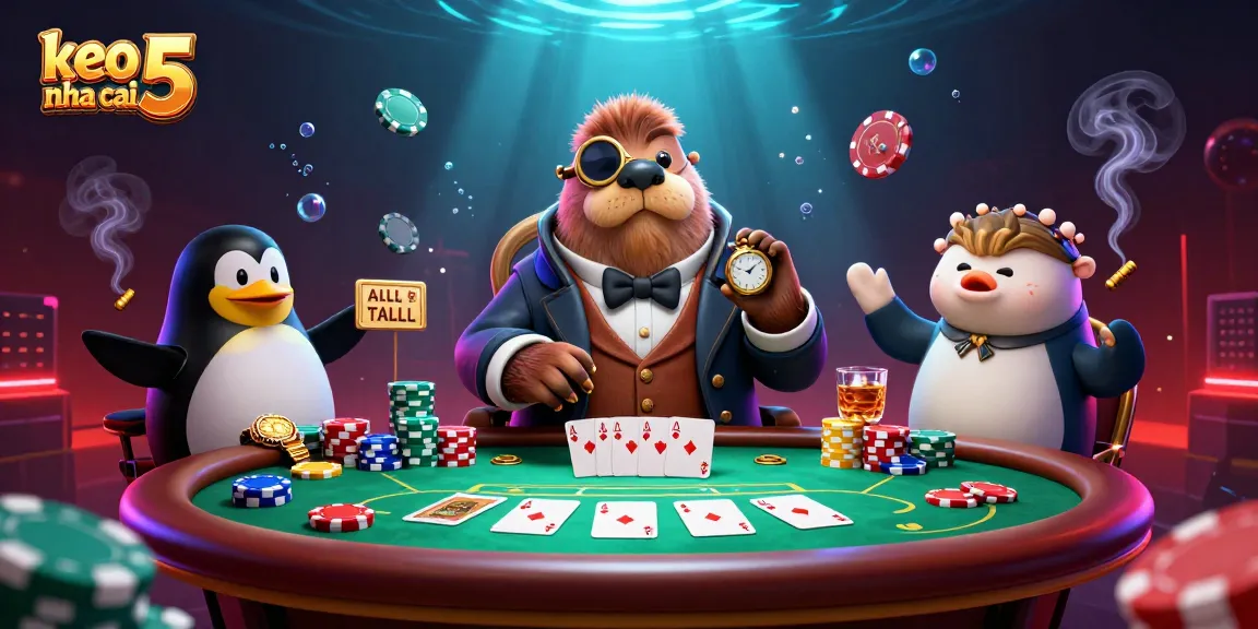 Experience keo nha cai 5 with a jolly walrus, penguin dealer, and pufferfish player in an underwater poker setting.