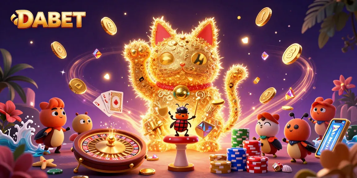 DABET showcases an enchanting scene with vibrant casino symbols and a lucky cat, energizing gamers.