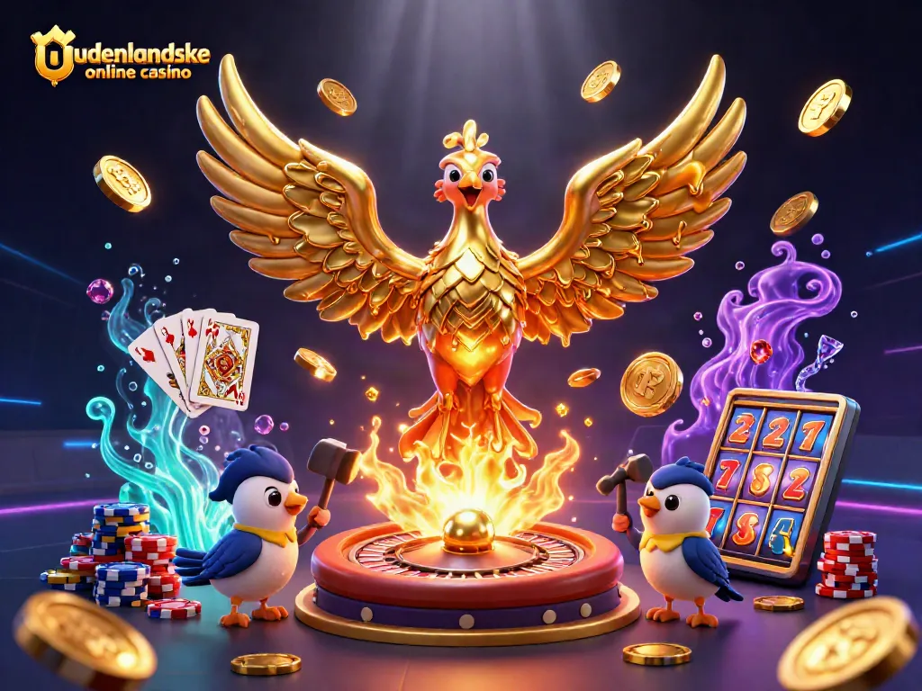 Experience the excitement of udenlandske online casino with a vibrant 3D illustration featuring golden coins and dynamic gaming elements.