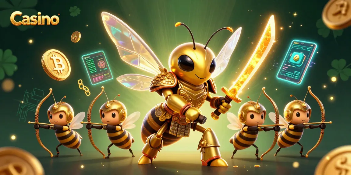 Engage in Casino gameplay with a samurai hornet surrounded by crypto coins and dynamic elements.