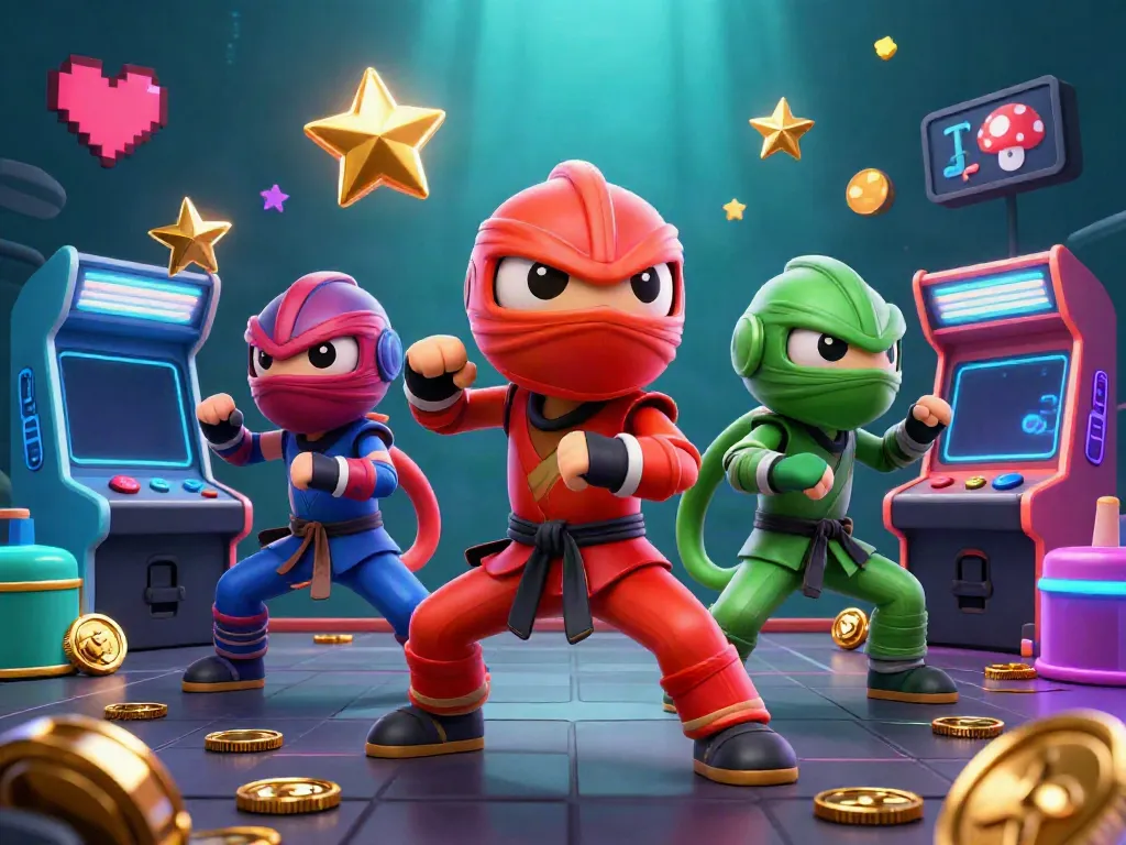 Cakhia TV showcases vibrant gaming action with ninja chameleons and glowing arcade machines in dynamic poses.